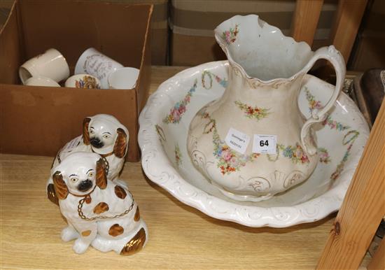 A Victorian Staffordshire pottery floral decorated toilet jug and bowl, a group of coronation pottery and